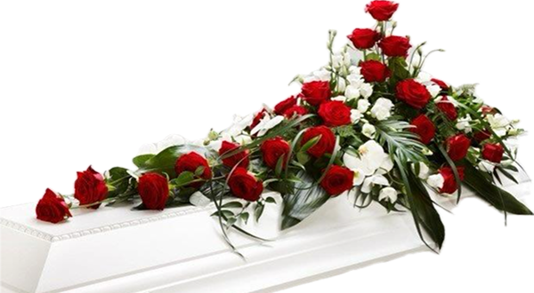 Kistepynt med røde roser og hvide liljer