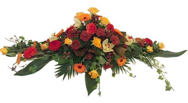 Farverig kistepynt med orange, gule og rødlige blomster